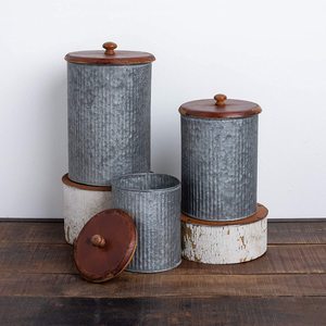 Lot de 3 boîtes en métal de style rustique Primitives en métal galvanisé et bois pour décor de cuisine à la maison Pot de fleur - Product Image 3