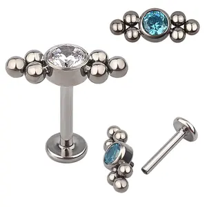 TI-6AL-4V ELI ASTM F136 14G Titan Innengewinde Tri-Bead Cluster CZ Lünette Lip Labret Ring