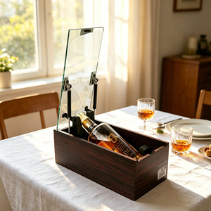 Boîte cadeau de luxe personnalisée en placage MDF pour whisky avec vérin à gaz hydraulique, étui de présentation de bouteille à levage automatique avec couvercle en acrylique pour whisky - Product Image 6