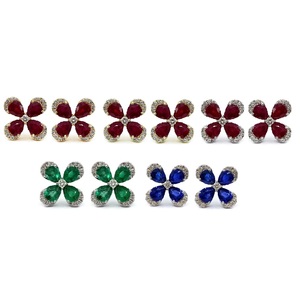 Fine Jewelry Pear Shape Gem Stone Flower Pretty Design 18k Solid White Gold Natural Diamond Ruby Stud Earrings for Lady - Product Image 4