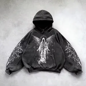 Sweat à capuche pour homme personnalisé en coton épais délavé à l'acide, motif cœur, avec strass, couture de rechange, coupe ample et effet usé - Product Image 1