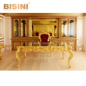 Luxury Rococo Style Study Room Furniture 24K Gold Leaf Office Table Antique Solid Wood Carving Office Desk Royal Executive Table