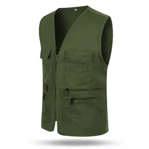 ชายกองทัพสีเขียวฤดูร้อนทำงานกลางแจ้ง Safari ตกปลา Vest พร้อมกระเป๋า