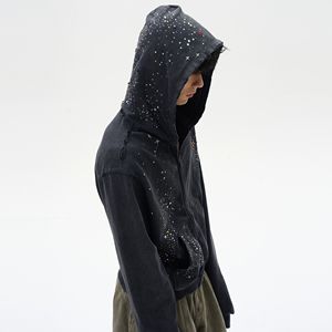 Streetwear High Quality Distressed <b>Black</b> Heavyweight 500 Gsm French Terry Custom <b>Zip</b> <b>up</b> <b>Hoodie</b> Pearls Rhinestones 3D Breathable - Product Image 1