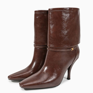 Women's Metal Buckles Short <b>Boots</b> Spike High-Heeled Pointed Toe Ankle Booties Turn Over on Shoes - Product Image 5