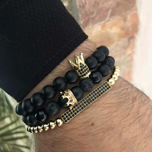 Pulsera de Calavera de Cobre y Circonita para Hombre, con Ágata Negra, Ojo de Tigre y Obsidiana Negra, y Piedra Volcánica con Colgante de Cruz y Corona - Set de Pulseras - Product Image 6