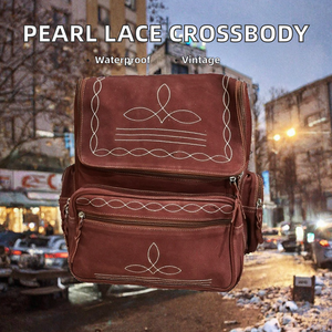 Sac à bandoulière en cuir véritable pour femme avec chaînes de perles en dentelle, petite pochette à fermoir pour l'automne - Product Image 2