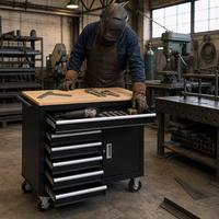 Coffre à outils roulant avec dessus en bois, boîte à outils multi-tiroirs, armoire de rangement avec serrure à clé sur roulettes pour garage, atelier, mécanicien