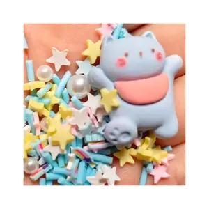 Mini Kawaii gri kedi reçine Cabochon Charms yıldız gökkuşağı sopa polimer kil DIY balçık dolgu için renkli kil