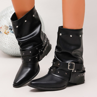 Bottes mi-mollet pour femmes, à clous, style slouchy, bout pointu, semelle plate, double boucle, à revers, style western, noires