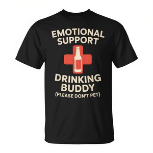 Camiseta Emotional Support Drinking Buddy, negra, para adultos, unisex, cuello redondo, manga corta, diseño de humor impreso en serigrafía - Product Image 2