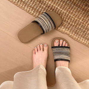 Sandali piatti da <span class=keywords><strong>donna</strong></span> leggeri e traspiranti con fascia stampata in tessuto, tomaia in PU e suola in PVC, comodi per appartamento e balcone - Product Image 5
