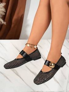Zapatos Mary Jane de cuero con punta cuadrada y malla hueca para mujer, con una sola correa, bailarinas, decoración metálica redonda, puntera baja - Product Image 5