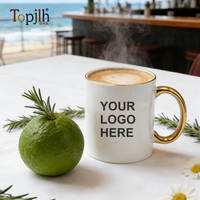 Topjlh Tasse à café en céramique blanche classique de luxe 11oz avec anse dorée, vierge pour sublimation, personnalisable, vente en gros