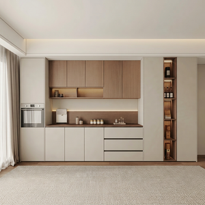 Buffet de salle à manger moderne avec espace pour appareils électroménagers, niche décorative, éclairage LED sur les étagères, rangement fermé et design personnalisé - Product Image 1