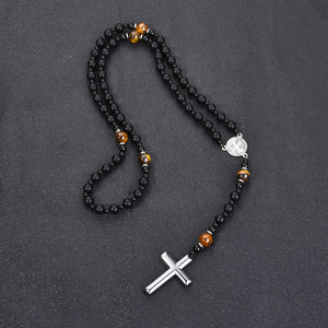 Kalung Salib Religius Klasik Trendi Unisex Obsidian Volcanic Tiger's Eye Hematite Pearl Hadiah Eropa Terbaru Terbaik - Product Image 5