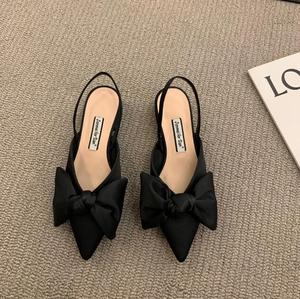 Luxury Thick Heel Bowknot <b>Closed</b> <b>Toe</b> Flat <b>Sandals</b> New Spring Summer Women's Black Polka Dot Low Heel Pumps Shoes - Product Image 2