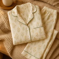 Ensemble de pyjama pour femmes en coton 100% Manches longues Haut à revers Imprimé de roses Taille élastique Fermeture à motif floral Respirant pour femmes