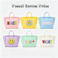 Sac fourre-tout en toile imperméable avec franges et pompons, grand format, robuste, avec fermeture éclair, pour femmes, filles, sac de plage, sac de shopping, avec logos personnalisés