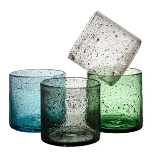 Samyo China Suppliers Home Decor Mexican Style Bubble Green Blue Colored Glass Candle Jars Holders