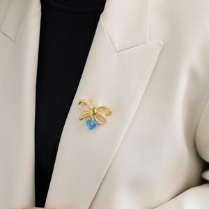 Luxury Natural Aquamarine Heart <b>Bow</b> Brooch 18K Gold Plated Copper with Textured <b>Bow</b> Elegant Wedding <b>Gift</b> Jewelry Pin - Product Image 3