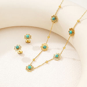 Joyería de acero inoxidable a la moda, venta al por mayor, accesorios de flores chapados en oro de 18 quilates, collar de turquesa de piedra Natural, conjuntos de pendientes - Product Image 1