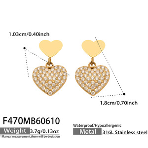 Boucles d'oreilles en forme de cœur en acier inoxydable plaqué or 18 carats, serties de zircon scintillant, bijoux de mode pour femmes - Product Image 6