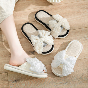 Bow Knotted Open Polyester <b>Slippers</b> for Women Indoor Summer Home Breathable Fashionable Soft Sole Adult Size Standard Thickness - Product Image 3