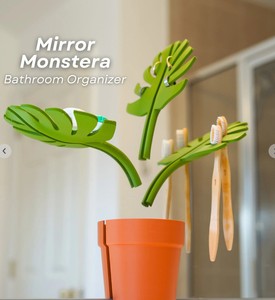 Mirror-<strong>leaf</strong> Monstera Artificial Plant Plastic Flower Pot 3 <strong>Leaves</strong> Bathroom Storage Box Toothbrush Holder <strong>Wall</strong> Decorations <strong>Decor</strong> - Product Image 2