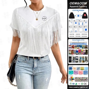 T-Shirt con frangia larga a manica corta personalizzata all'ingrosso T-Shirt da donna Top da donna con nappine Crop da donna T-Shirt OEM - Product Image 1