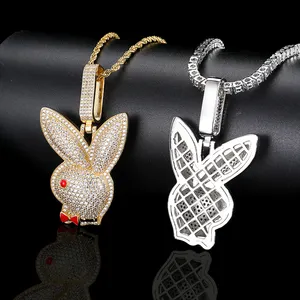 2022 Fashion Full CZ Diamond Iced Out Hip Hop Men Animal Necklace Red Eye Tie Bunny Head Pendant Rabbit Brass Pendant