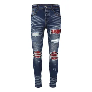 Trendy Brand Washing Water Blue MX1 Leather Wrecking Damage Slim Feet SLP Jeans Mens