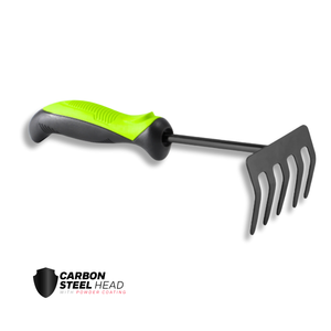 Râteau de jardin 5 dents 551045, outil agricole, tête en acier au carbone, manche ergonomique PP TPR, noir et vert, qualité DIY, OEM - Product Image 1