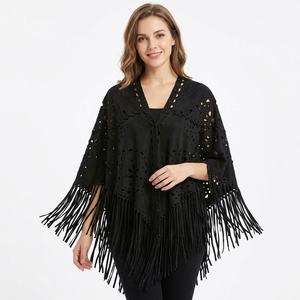 <b>Women's</b> Black Fringe Shawl Long Acrylic Bohemian <b>Poncho</b> For All Seasons Daily Wear - Product Image 1