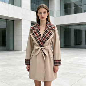 Manteau <span class=keywords><strong>court</strong></span> en <span class=keywords><strong>trench</strong></span>-coat <span class=keywords><strong>beige</strong></span> à carreaux pour femmes, manteau <span class=keywords><strong>trench</strong></span>-coat vintage personnalisé pour femmes - Product Image 1