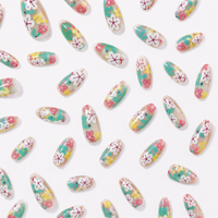 Faux ongles à presser en amande, base transparente, imprimé floral coloré, brillants, motif fleurs d'été, pour femmes, Nail Art