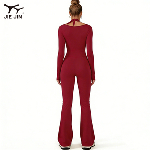 JIEJIN Op maat gemaakt logo Snel drogend Ademend <span class=keywords><strong>Sexy</strong></span> Lange Mouwen Bodycon Jumpsuit Dames Jumpsuit Uitlopende Pijpen - Product Image 3