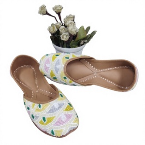 Indian Traditional Mixed Colors Flower Design Genuine Leather Customizable Casual Shoes Hook Loop Closure Flat Heel <b>Toe</b> Fashion - Product Image 3