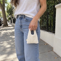 Mini sac fourre-tout en tissu texturé avec poignée nouée, pliable, léger, motif quadrillé, simple couche, pour femme, pour le quotidien