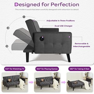 Divano <span class=keywords><strong>Letto</strong></span> Futon Convertibile con USB, Imbottito e Trapuntato, Piccolo Divano Pieghevole Regolabile, Moderno Stile Mid-Century - Product Image 4