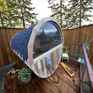 HELIUS Ready-Sauna à vapeur d'extérieur <span class=keywords><strong>en</strong></span> cèdre rouge pour 6 personnes, chauffage électrique traditionnel, sauna baril avec demi-verre et porche, <span class=keywords><strong>pas</strong></span> <span class=keywords><strong>cher</strong></span> - Product Image 2