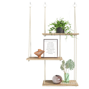 <b>Wall</b> <b>Mounted</b> Three Tier Wooden Floating <b>Shelf</b> With Hanging Rope Storage Rack For Living Room Bedroom Decorative Use - Product Image 4