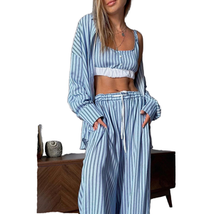 <b>Long</b> Sleeve Blue Striped ODM Soft 100% Polyester Pajamas Set Shirt Bra Pants Wholesale Comfortable Home Wear Sets Casual Pajamas - Product Image 2