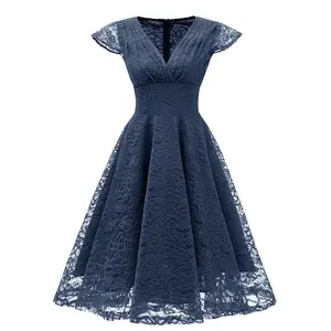 L36541 bayan v yaka Vintage 1950s kısa kollu salıncak dantel elbise