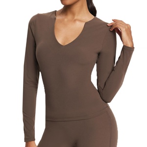 Camiseta de Yoga de Manga Larga con Cuello en V para Mujer, Compresión Deportiva, Elástica, Ajustada, Transpirable, con Estiramiento en Cuatro Direcciones - Product Image 1