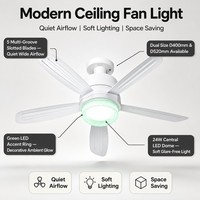 Ventilateur de plafond moderne blanc avec lumière, 5 pales, anneau LED vert 24W, montage encastré, double taille D400 D520, télécommande