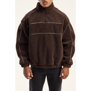 Felpa Oversize da <span class=keywords><strong>Uomo</strong></span> <span class=keywords><strong>con</strong></span> <span class=keywords><strong>Mezza</strong></span> <span class=keywords><strong>Zip</strong></span> e Logo Personalizzato, Pullover in Pile Marrone a Righe, Abbigliamento Casual Streetwear Invernale - Product Image 6