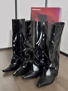 Botas hasta la rodilla con punta en pico para mujer, silueta de corte de bota con cremallera lateral, silueta de corte de bota adelgazante de inspiración occidental - Product Image 3
