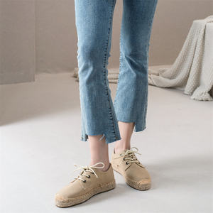 Zapatos planos beige para mujer, zapatos de lona con punta cerrada, alpargatas con cordones de tela, plataforma trenzada, calzado informal de verano - Product Image 6