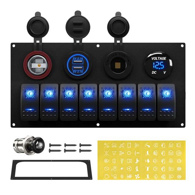 Waterproof 8 Gang 12V Rocker Switch Panel 12 Volt Marine Boat Toggle Switch Panel Blue LED Lighted for Automotive Car Truck